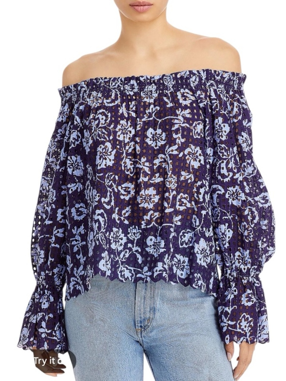 Ramy Brook Oakleigh Blouse Small Blue Floral Eyelet Off Shoulder Bell Sleeve